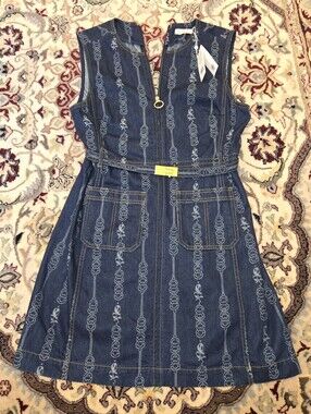 Tory Burch Dark Indigo Embroidered Denim Dress with Gold Buckle